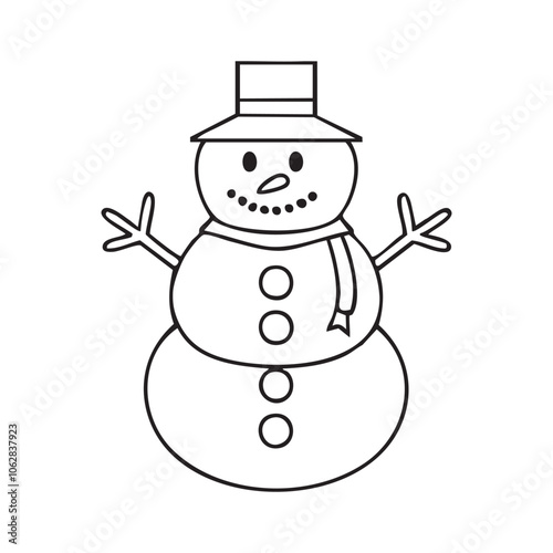 Simple black and white outline illustration of a cheerful snowman with a scarf, hat, and stick arms