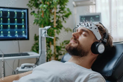 Patient receives transcranial magnetic stimulation treatment with headset