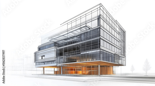 Industrial construction, wireframe rendering, technical illustration Create a blueprint for a modern office building emphasizing energy efficiency