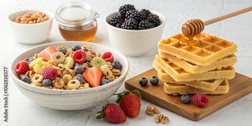 A breakfast spread featuring a bowl of cereal with various fruits, a stack of waffles drizzled with honey, and a bowl of berries.