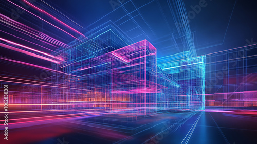 Industrial construction, wireframe rendering, technical illustration Create a blueprint for a modern office building emphasizing energy efficiency

