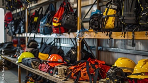 Array of industrial safety gear laid out in a designated storage area, promoting tidiness and organization in the workplace photo