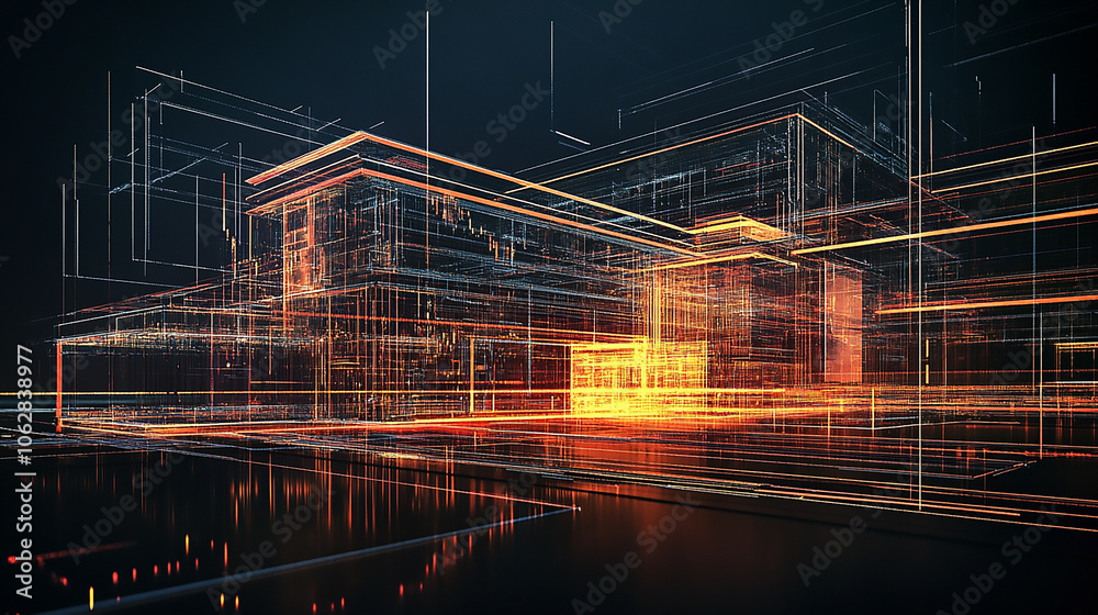 Technical drawing of a high-rise commercial building, emphasizing structural integrity features and advanced materials Modern architectural design blending real-life glass building with detailed bluep