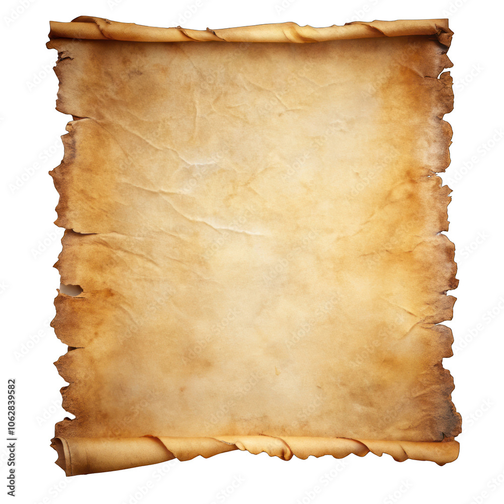 Fototapeta premium Worn old parchment top view isolated on transparent background