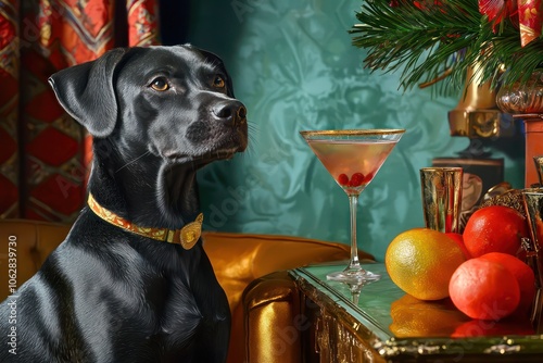 Dog sipping martini at a cocktail event, depicted in stylish festive attire. photo