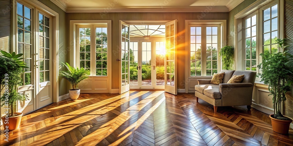 Sunlight streams through elegant French doors, illuminating a cozy living room adorned with warm herringbone hardwood floors, creating a welcoming and inviting atmosphere. Sunlight streams through elegant French doors, illuminating a cozy living room adorned with warm herringbone hardwood floors, creating a welcoming and inviting atmosphere.