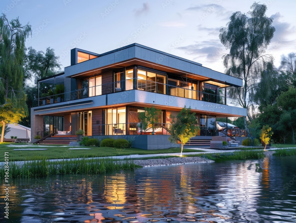 Modern house by the river at evening. Modern house by the river at evening.