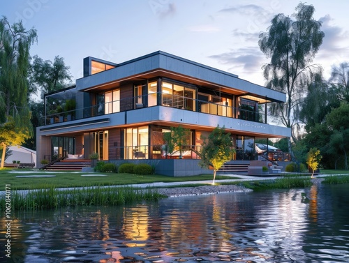 Modern house by the river at evening.
