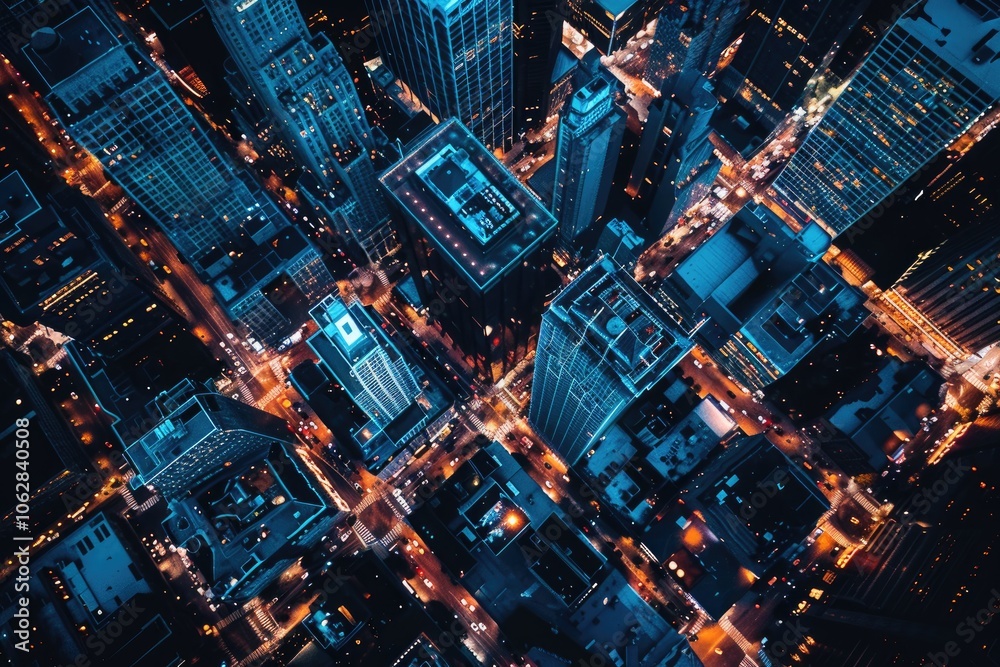 Aerial top view of downtown district buildings in night city light. Aerial top view of downtown district buildings in night city light.