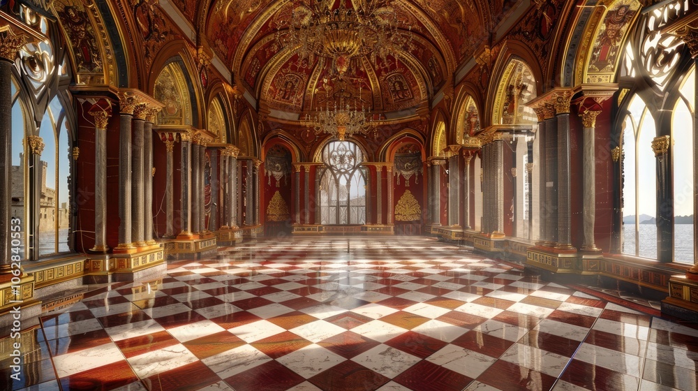 Fantasy medieval Great Hall in the royal palace. Fantasy medieval Great Hall in the royal palace.