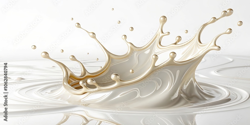 A dramatic liquid splash creates a crown of white and beige, cascading downwards into a serene pool of liquid A dramatic liquid splash creates a crown of white and beige, cascading downwards into a serene pool of liquid