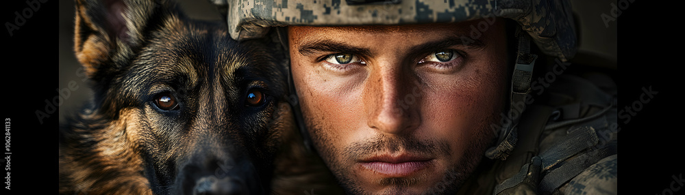 Naklejka premium Close-up Portrait of a Soldier and His Loyal German Shepherd Dog, Both Looking Intensely into the Camera, with a Sense of Duty and Commitment