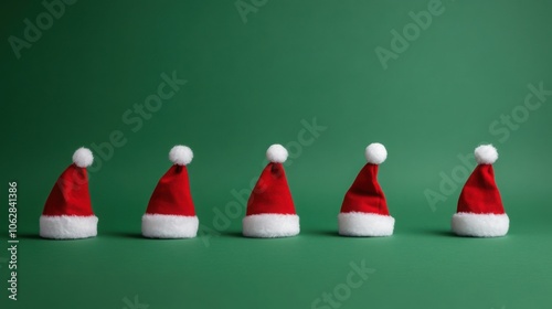 Santa cap arranged symmetrically on a green background, side angle. photo