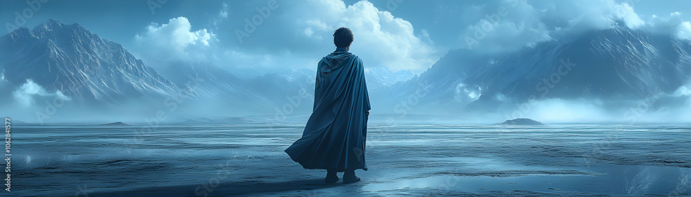 A lone figure stands in a misty, desolate landscape, gazing towards a distant mountain range, a sense of solitude and wonder pervades the scene, hinting at an epic journey. A lone figure stands in a misty, desolate landscape, gazing towards a distant mountain range, a sense of solitude and wonder pervades the scene, hinting at an epic journey.