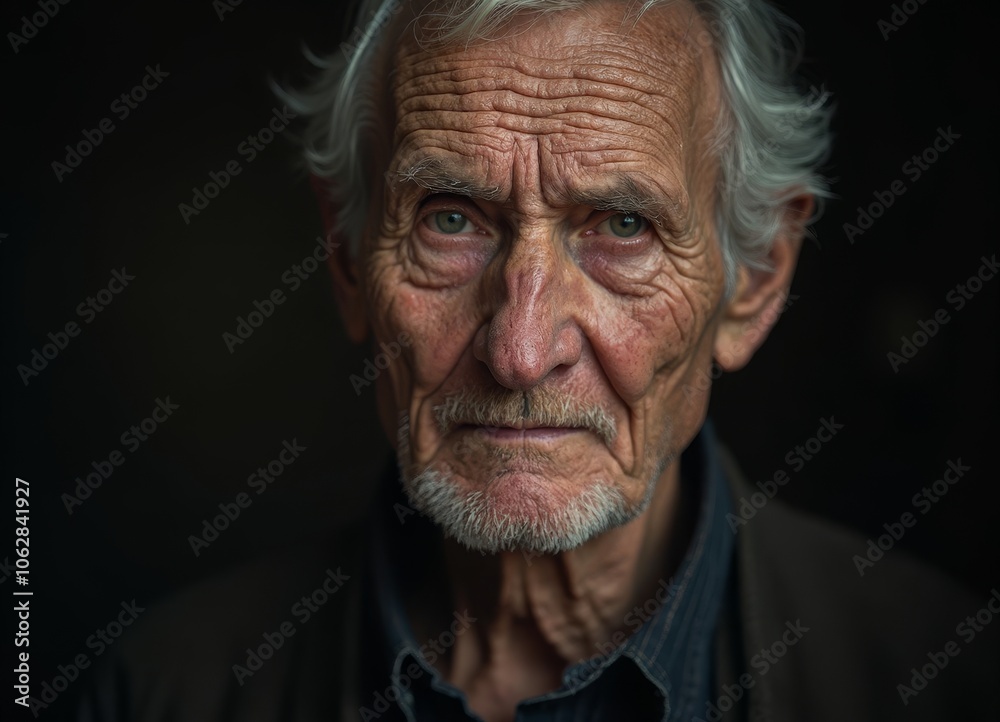 Portrait of an elderly man with intense expression under soft lighting Portrait of an elderly man with intense expression under soft lighting
