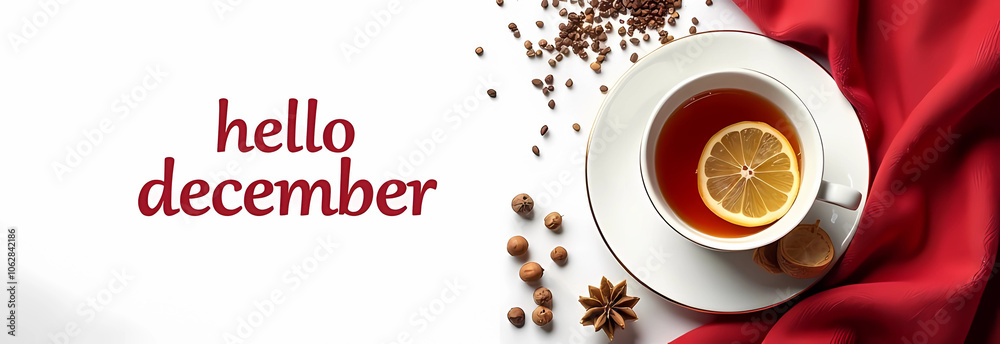Hello December with coffee in a cup on a saucer and a red scarf and brews on a light background top view Hello December with coffee in a cup on a saucer and a red scarf and brews on a light background top view
