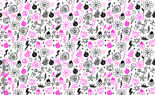 Grunge rock seamless pattern with doodle elements. Wax pencil drawing face with tongue out, cartoon thunderbolt like children drawing and other rock n roll style white and pink color vector elements. photo