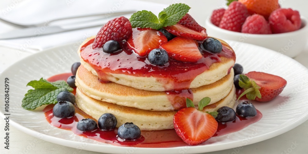 A stack of fluffy pancakes topped with fresh berries and a luscious red sauce, ready to be devoured