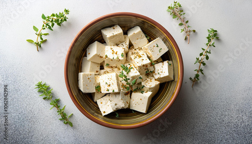 Feta cheese cubes and oregano spice in ceramic bowl. Organic food. Top view. photo