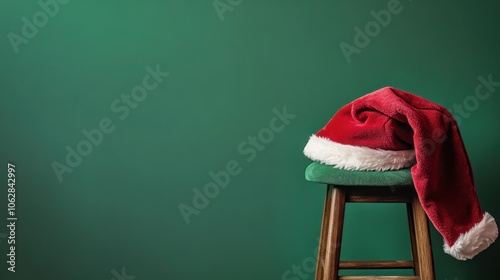 Santa cap draped over a small stool on a green background, front view. photo