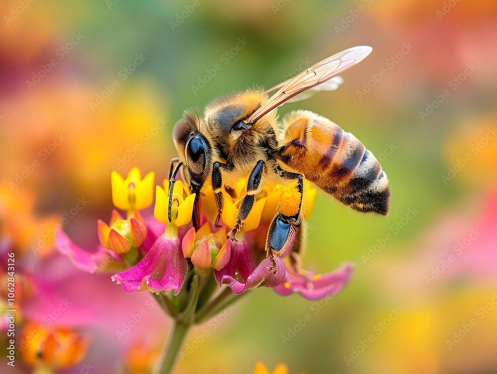 A bee with pollen on its legs pollinates a vibrant flower in a natural setting. A bee with pollen on its legs pollinates a vibrant flower in a natural setting.