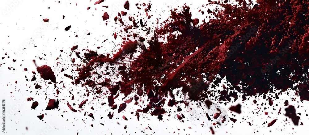 Dark red soil burst suspended mid-air, with particles creating a dynamic and intricate visual against a white backdrop. 40k, full ultra hd, high resolution Dark red soil burst suspended mid-air, with particles creating a dynamic and intricate visual against a white backdrop. 40k, full ultra hd, high resolution