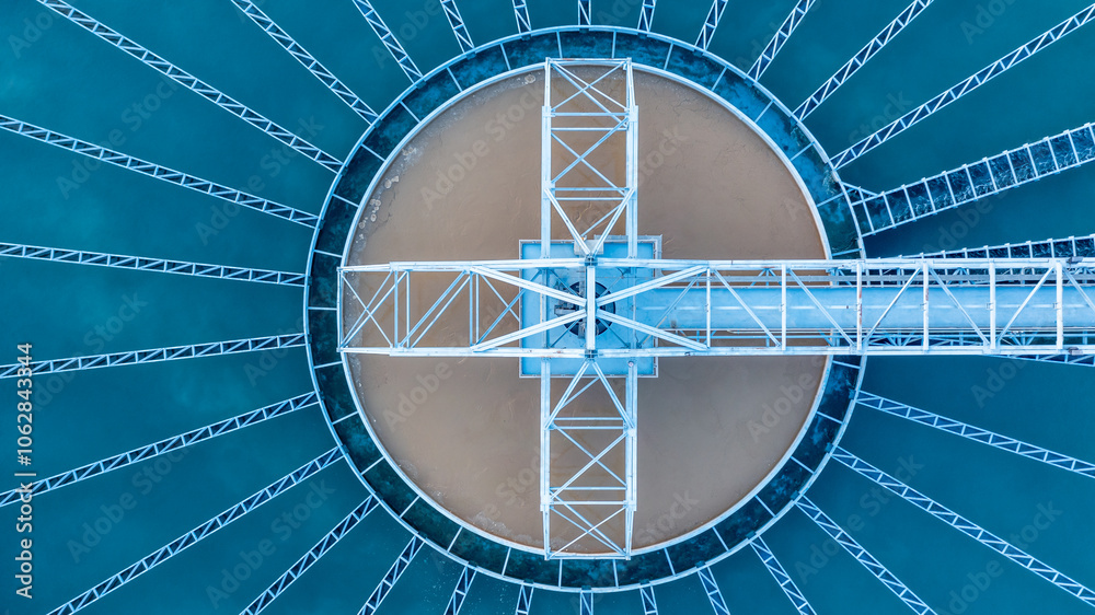 Aerial view of sewage water treatment plant, Purification process water cleaning facility wastewater treatment plant, Water treatment plant recycling plant, Recirculation solid contact clarifier.