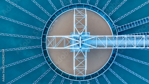 Obraz na płótnie Aerial view of sewage water treatment plant, Purification process water cleaning facility wastewater treatment plant, Water treatment plant recycling plant, Recirculation solid contact clarifier. w salonie