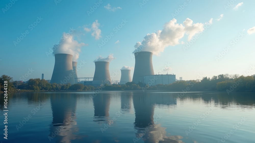 Cooling towers reflected in tranquil lake with clear blue sky in background Cooling towers reflected in tranquil lake with clear blue sky in background