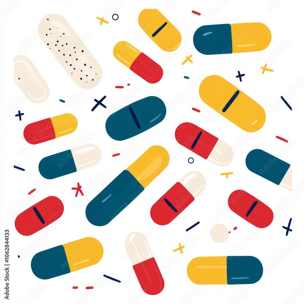 Scattered pills of various colors and designs on a white background. Scattered pills of various colors and designs on a white background.