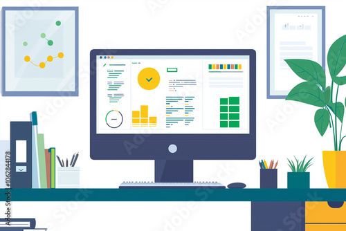 Office desk with computer displaying charts and reports, surrounded by plants and stationery.