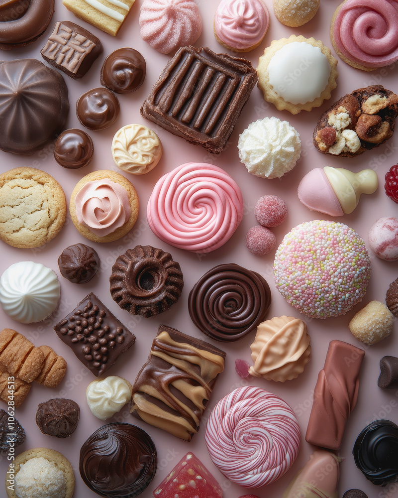 A vibrant assortment of assorted confectionery treats displayed on a soft pink background. Perfect for dessert lovers, showcasing a variety of textures and colors. A vibrant assortment of assorted confectionery treats displayed on a soft pink background. Perfect for dessert lovers, showcasing a variety of textures and colors.