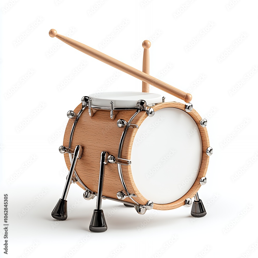 A small wooden drum with two drumsticks resting on the top. A small wooden drum with two drumsticks resting on the top.