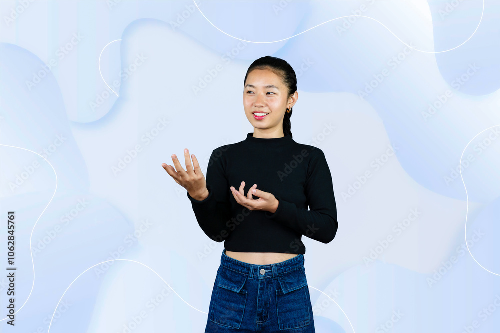 Young Asian Girl gives gestures of pointing presenting, expression of happy, sad, wow Young Asian Girl gives gestures of pointing presenting, expression of happy, sad, wow