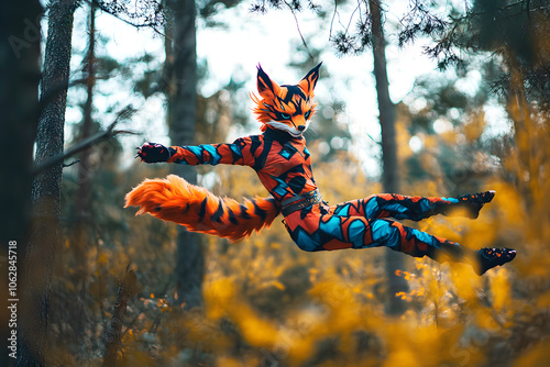 Quadrober in vibrant fox costume mid-air photo