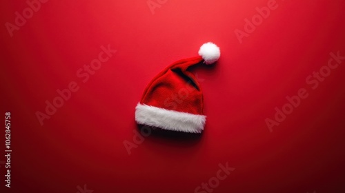 Santa cap placed in the center of a red background, top-down view. photo