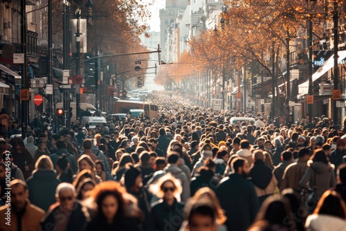 Large crowd of people walking in city street during daytime.