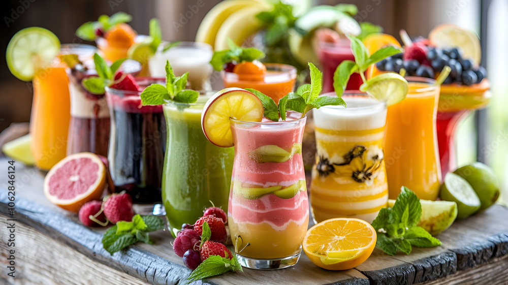Refreshing Fruit Juices on a Rustic Table Captured in Natural Light Refreshing Fruit Juices on a Rustic Table Captured in Natural Light