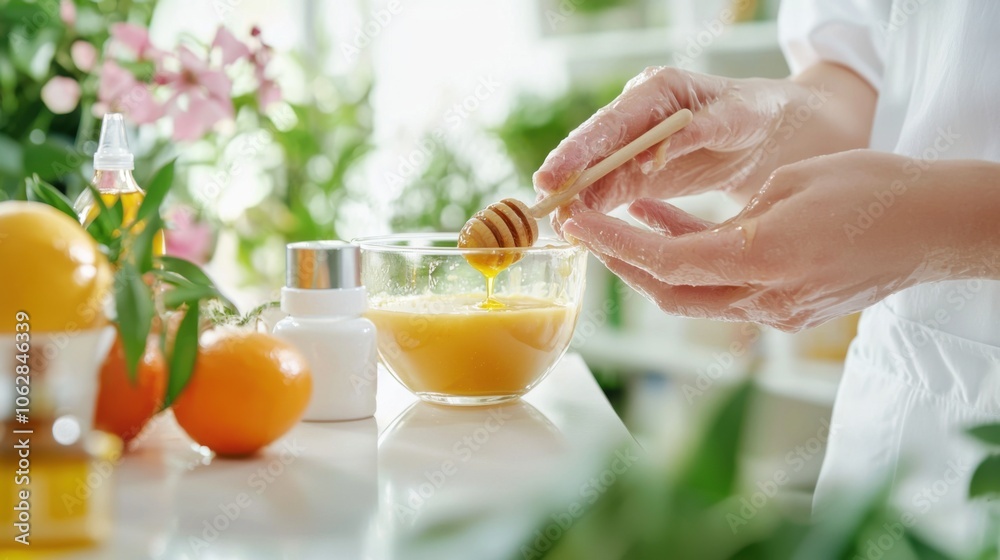 Fototapeta premium Esthetician applies honey and papaya mask for radiant skin