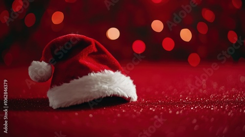 Santa cap placed neatly on a red background, side view.