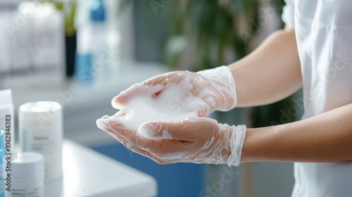 Esthetician applies pretreatment gel for skin care photo