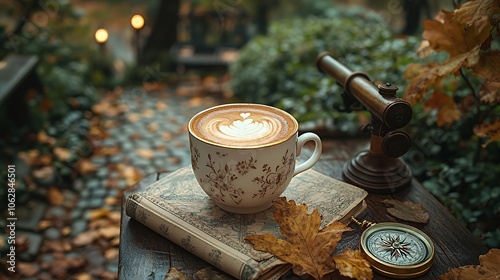 A cup of coffee with a heart-shaped design, surrounded by autumn leaves, a compass, an antique telescope, and a vintage book on a wooden table.