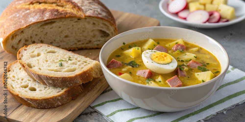 Hearty potato soup with fresh herbs, diced ham and a soft boiled egg, served with crusty bread Hearty potato soup with fresh herbs, diced ham and a soft boiled egg, served with crusty bread