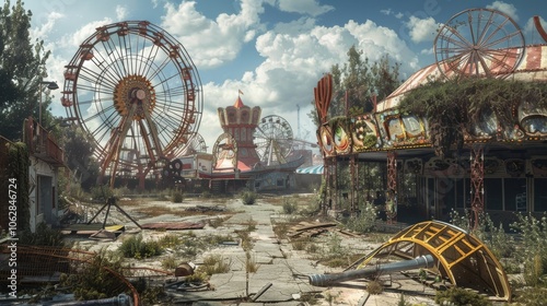 Post-apocalyptic scene of a ruined amusement park