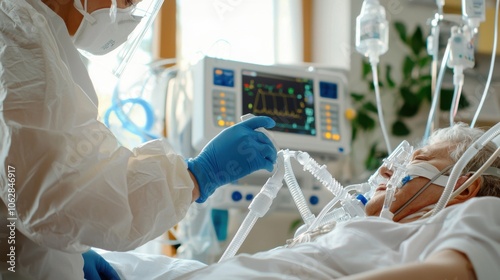 Therapist carefully adjusts ventilator settings to ensure optimal patient care in critical condition