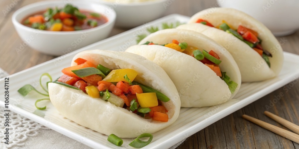 Steamed Buns Filled with a Colorful Medley of Fresh Vegetables, Ready to Enjoy Steamed Buns Filled with a Colorful Medley of Fresh Vegetables, Ready to Enjoy