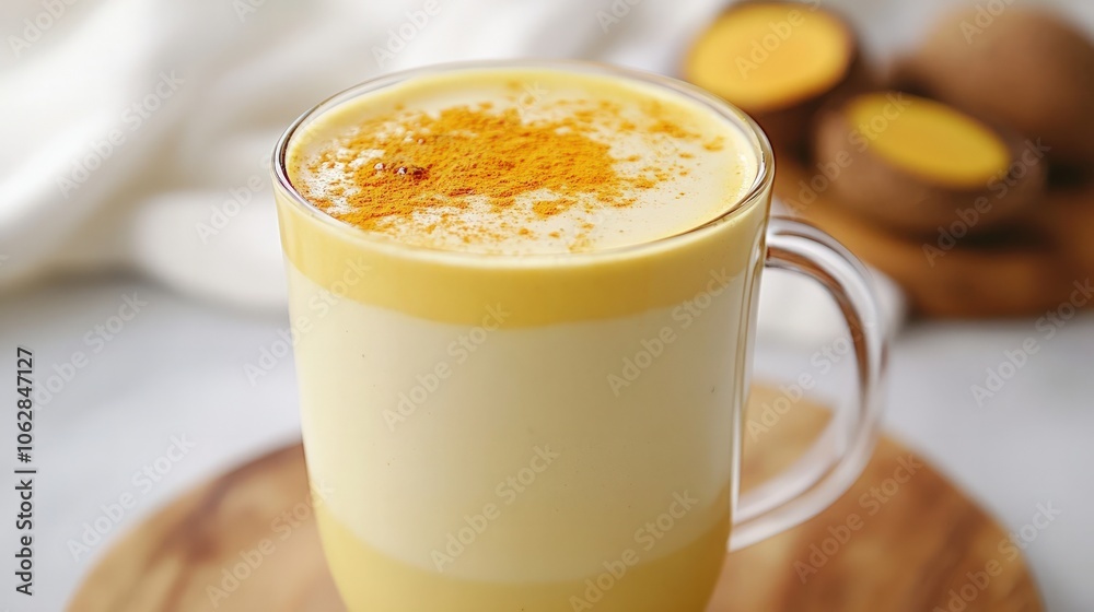 A creamy organic turmeric latte made with coconut milk and lightly sweetened with organic honey, providing anti-inflammatory benefits in a warm, comforting drink, ideal for wellness routines A creamy organic turmeric latte made with coconut milk and lightly sweetened with organic honey, providing anti-inflammatory benefits in a warm, comforting drink, ideal for wellness routines