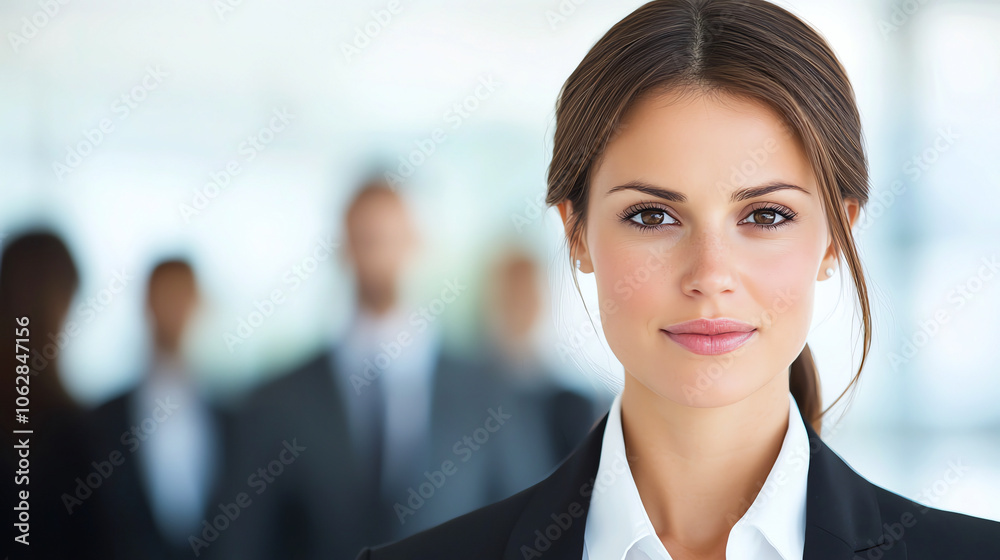 Professional woman in a business suit, confidently standing with blurred colleagues in the background. Professional woman in a business suit, confidently standing with blurred colleagues in the background.