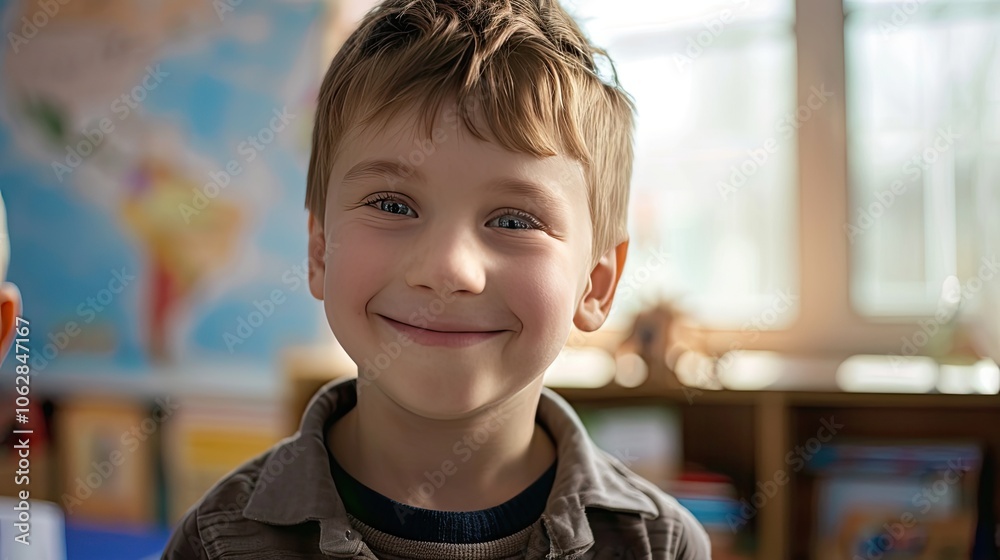 Smiling Young Boy in Classroom. Smiling Young Boy in Classroom.