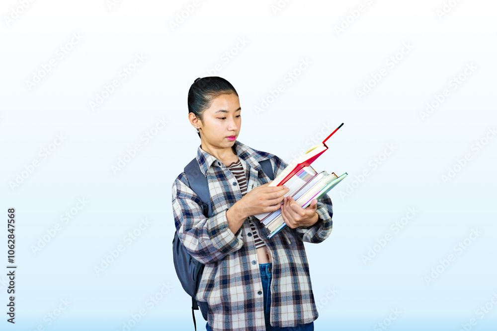 Asian Student Girl with Notebooks and Bags going to university happily. Back to School Study Abroad Asian Student Girl with Notebooks and Bags going to university happily. Back to School Study Abroad